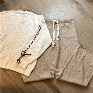 Un-named Cozy Cream Cable Knit Sweater with Taupe Knit Lounge Pants
